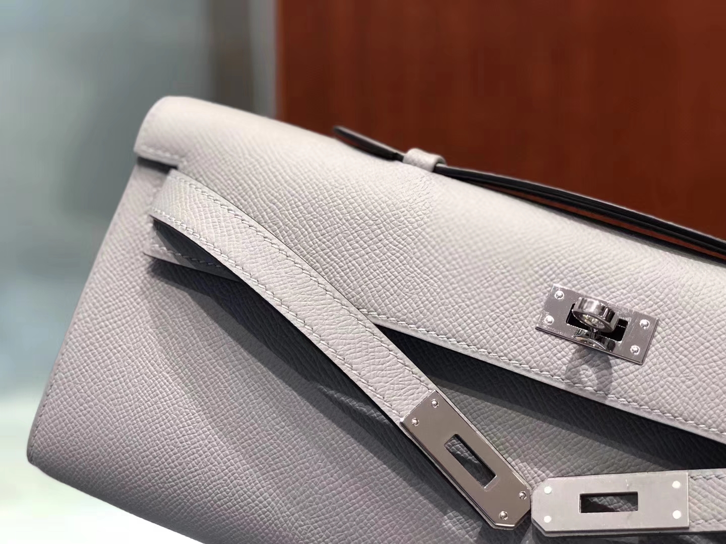 Elegant Hermes 4Z Gris Mouette Epsom Calf Kelly Cut Evening Bag Silver Hardware