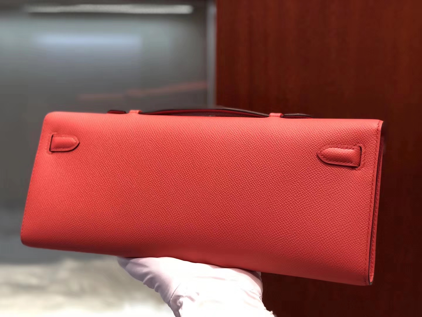 Pretty Hermes T5 Rose Peach Epsom Calf Kelly Cut Women&#8217;s Clutch Bag Gold Hardware