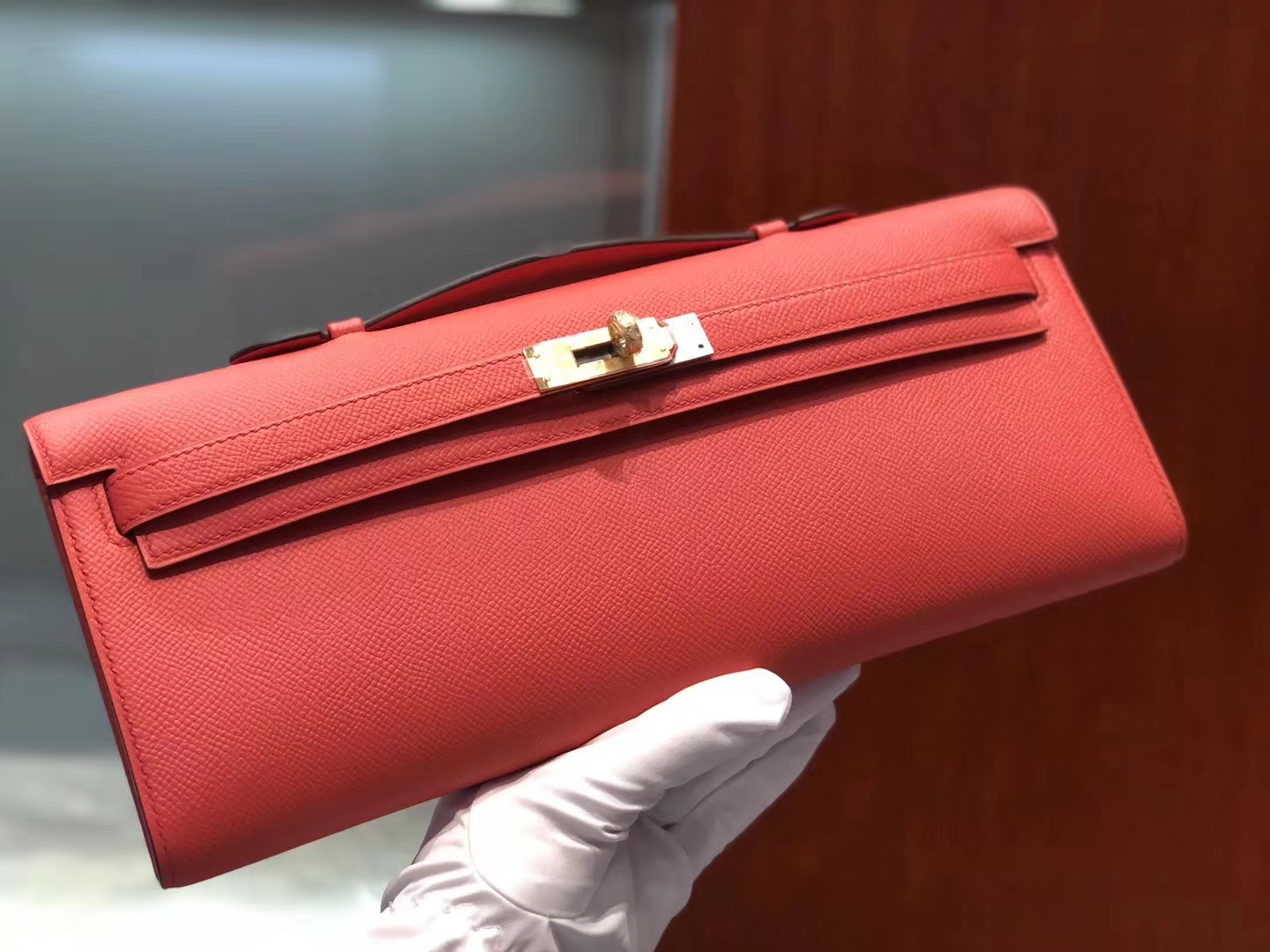 Pretty Hermes T5 Rose Peach Epsom Calf Kelly Cut Women&#8217;s Clutch Bag Gold Hardware