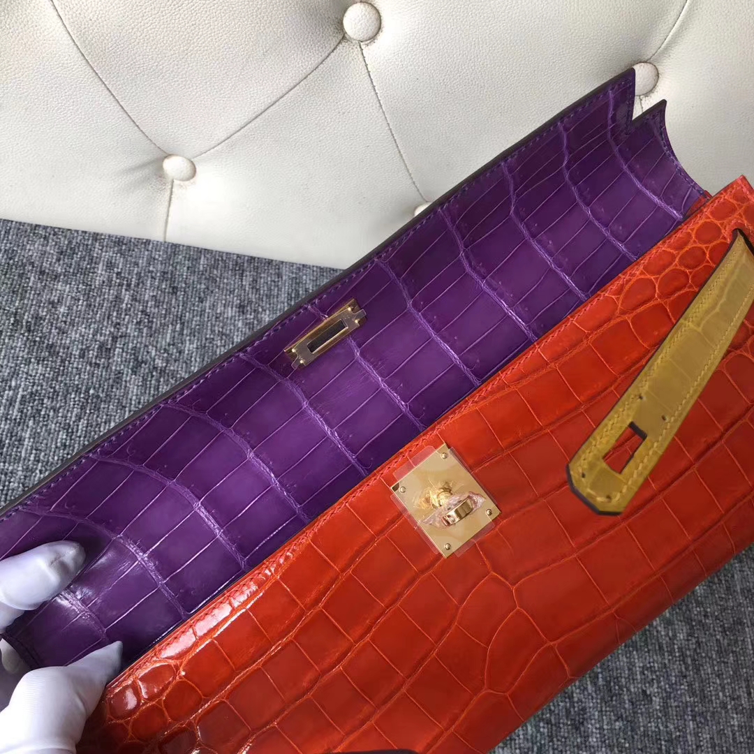 Luxury Hermes Multi-color Shiny Crocodile Kelly Cut31cm Clutch Bag Gold Hardware