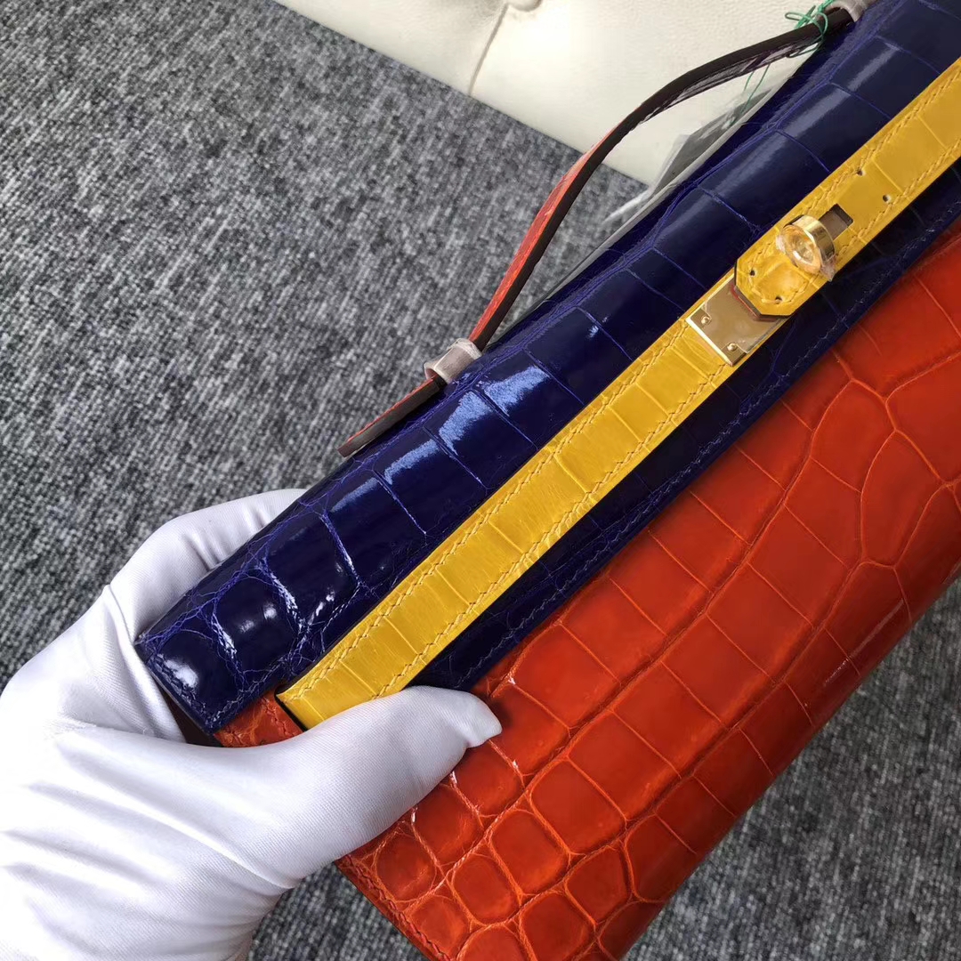 Luxury Hermes Multi-color Shiny Crocodile Kelly Cut31cm Clutch Bag Gold Hardware