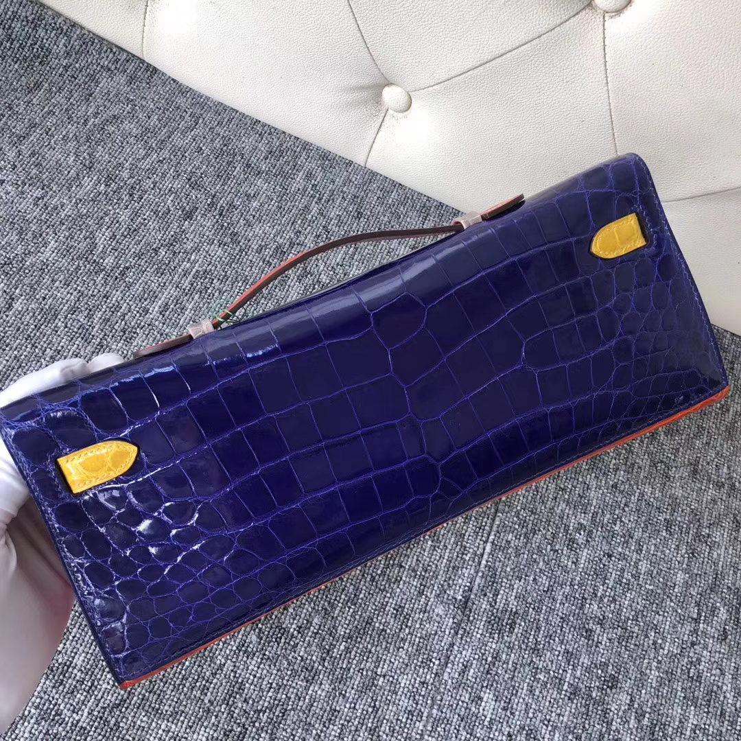 Luxury Hermes Multi-color Shiny Crocodile Kelly Cut31cm Clutch Bag Gold Hardware