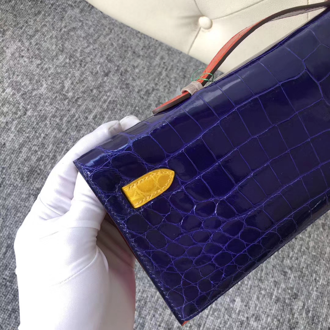 Luxury Hermes Multi-color Shiny Crocodile Kelly Cut31cm Clutch Bag Gold Hardware