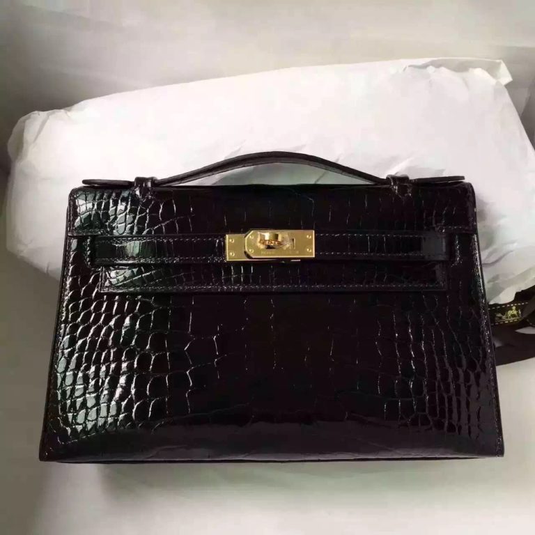 Hermes Minikelly Black Crocodile Leather Womens Clutch Bag