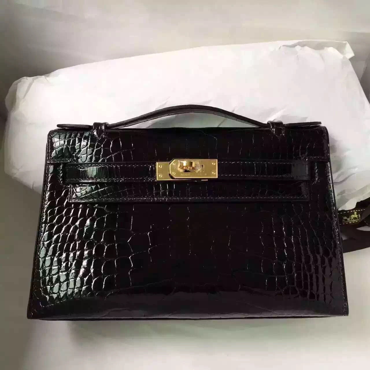 Luxury Hermes Minikelly Black Crocodile Leather Women&#8217;s Clutch Bag