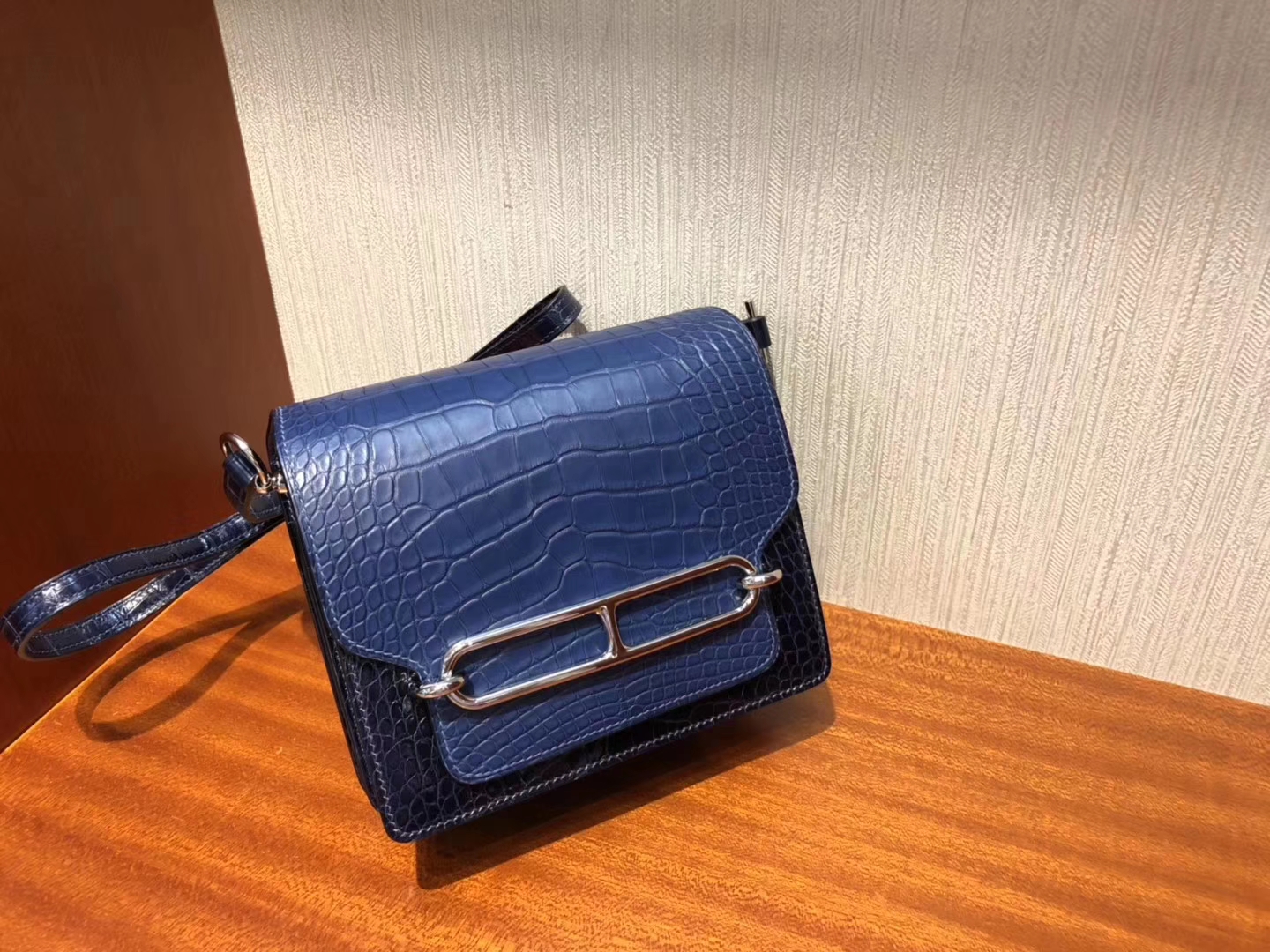 Fashion Hermes Blue Malta/Blue Saphir Crocodile Leather Roulis Bag18CM Silver Hardware