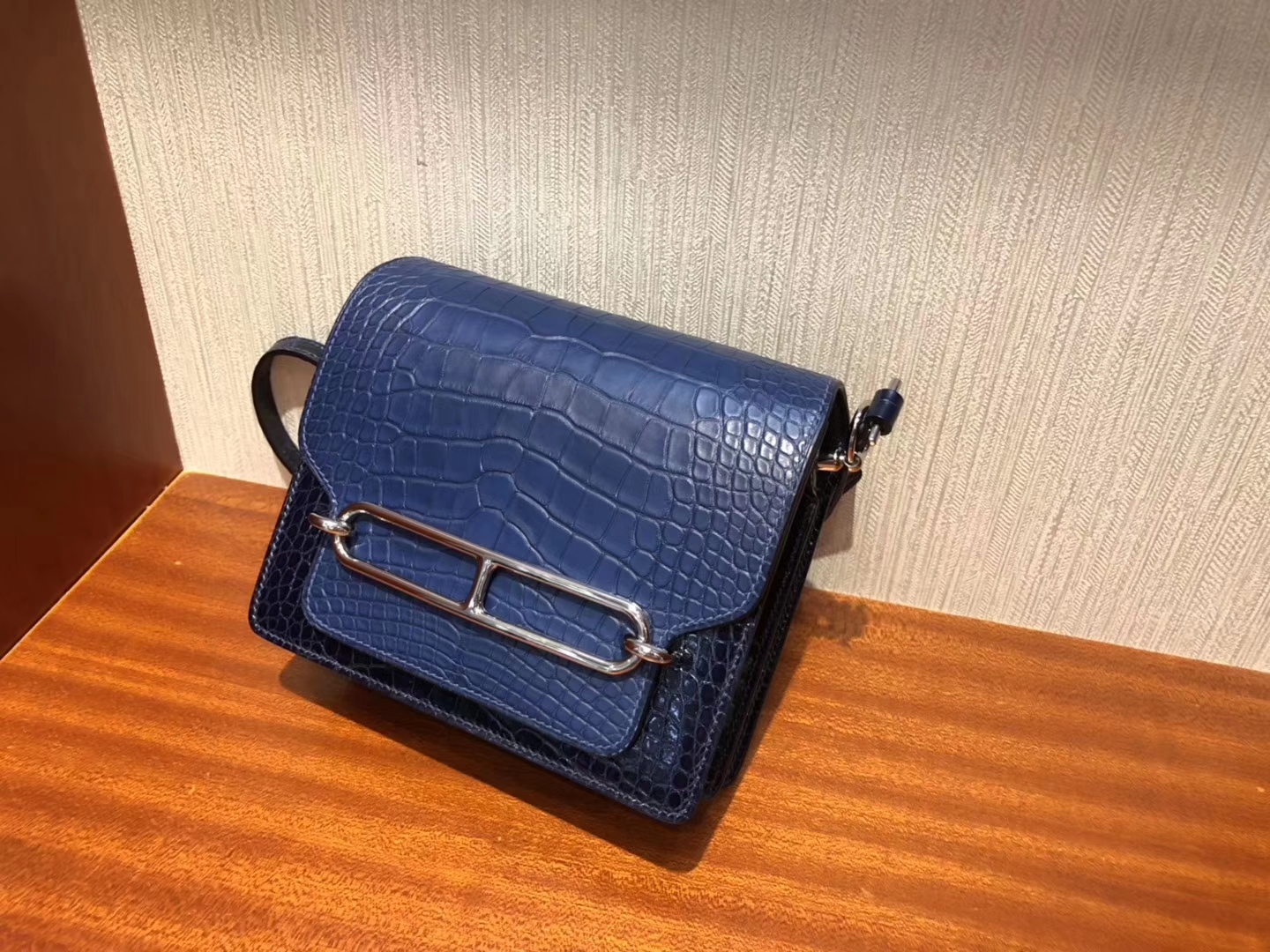 Fashion Hermes Blue Malta/Blue Saphir Crocodile Leather Roulis Bag18CM Silver Hardware