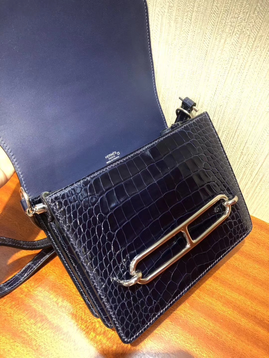 Fashion Hermes Blue Malta/Blue Saphir Crocodile Leather Roulis Bag18CM Silver Hardware