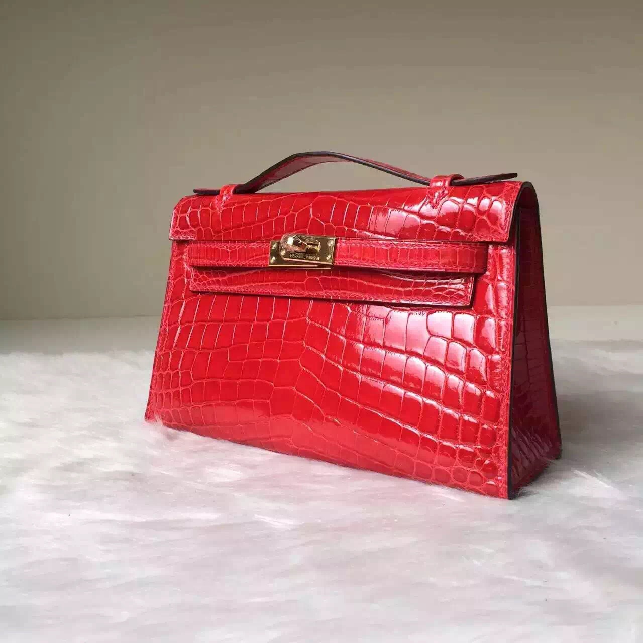 Discount Hermes CK95 Braise Red Crocodile Leather MiniKelly Pochette Bag 22cm
