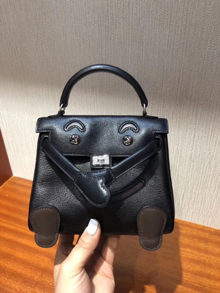 Hermes Black & Coffee Calf Leather Kell Doll Tote Bag Silver Hardware