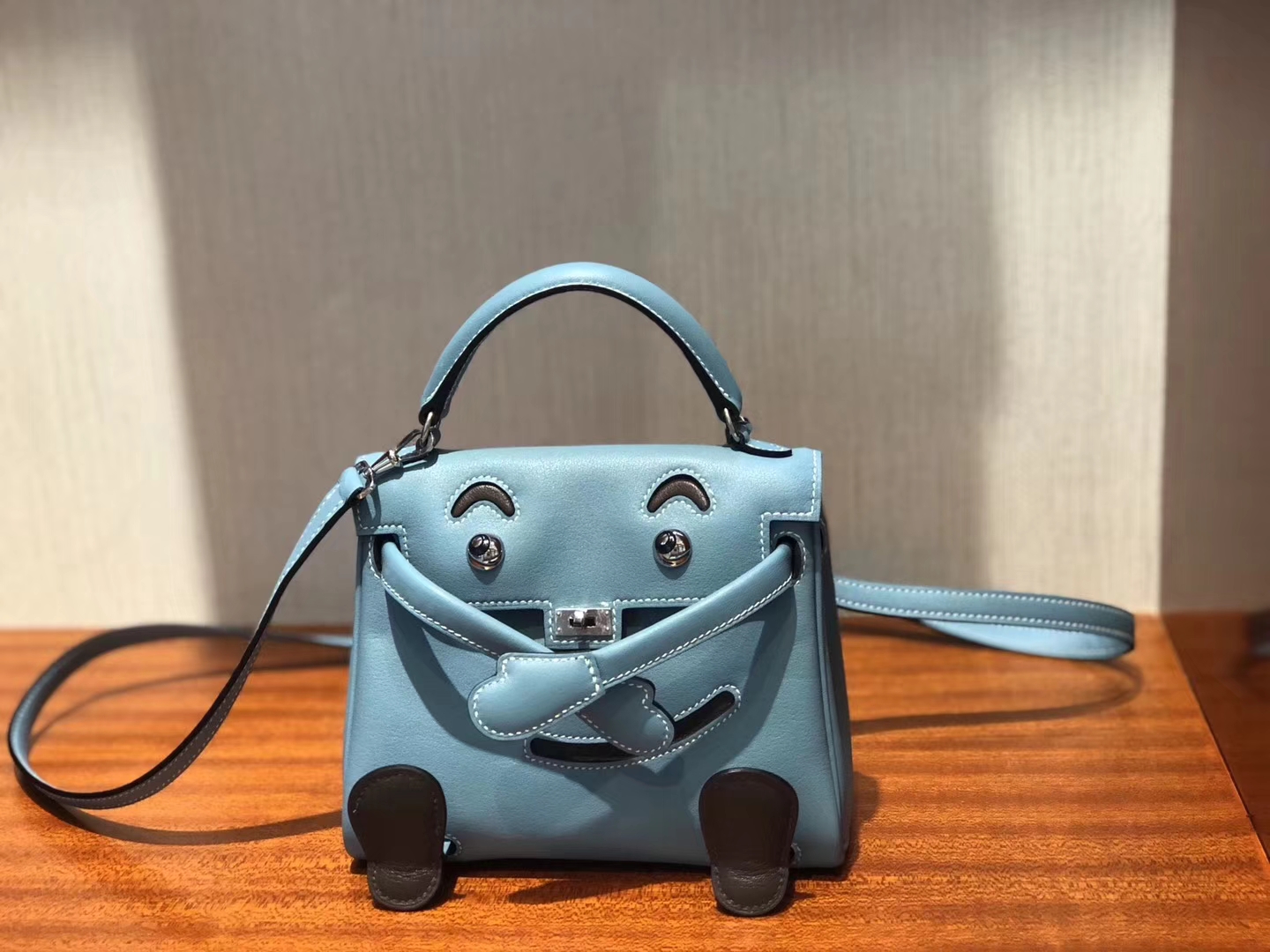 Lovely Hermes Calf Leather Kell Doll Tote Bag in Blue Jean Silver Hardware