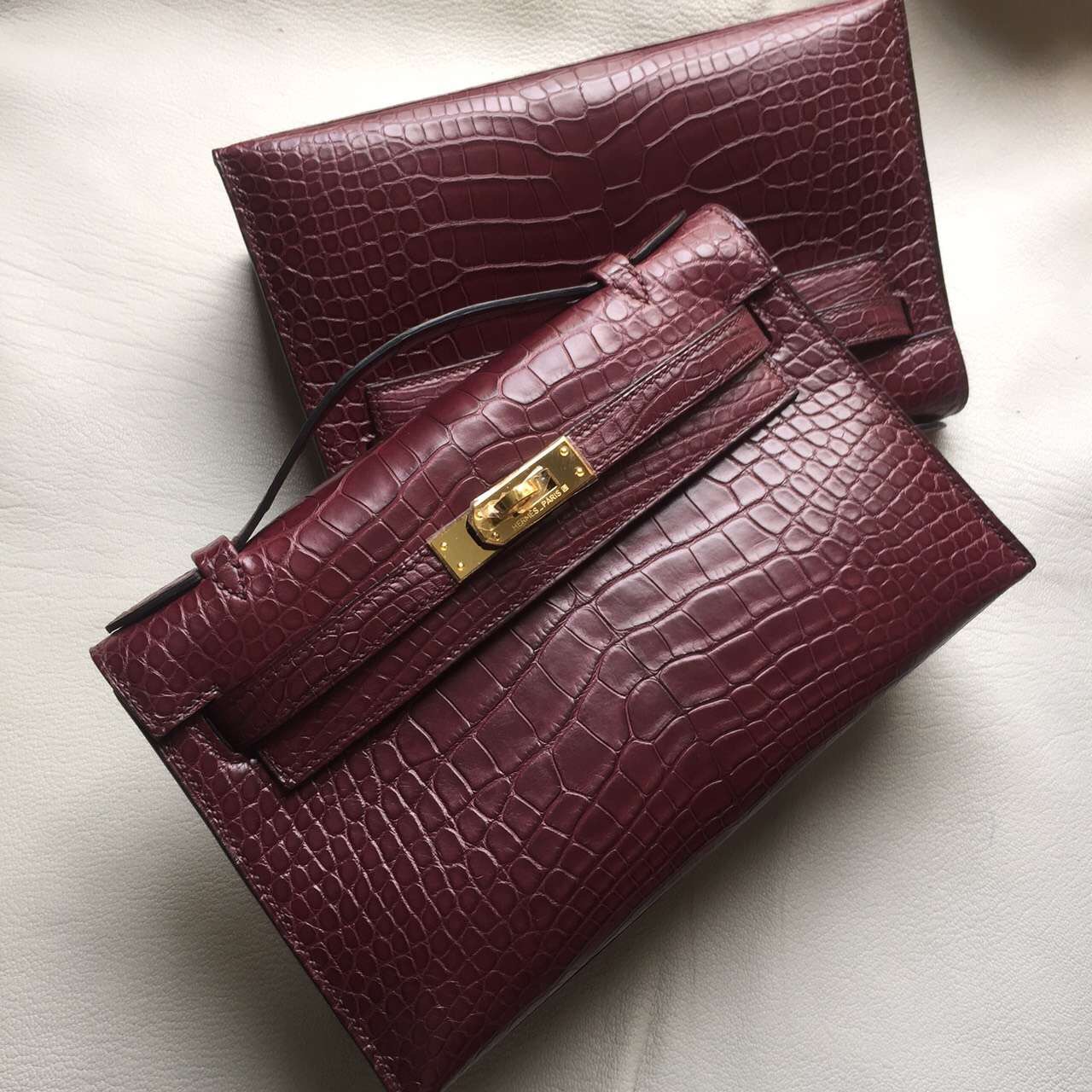 Wholesale Hermes Wine Red Crocodile Matt Leather Mini Kelly Clutch Bag
