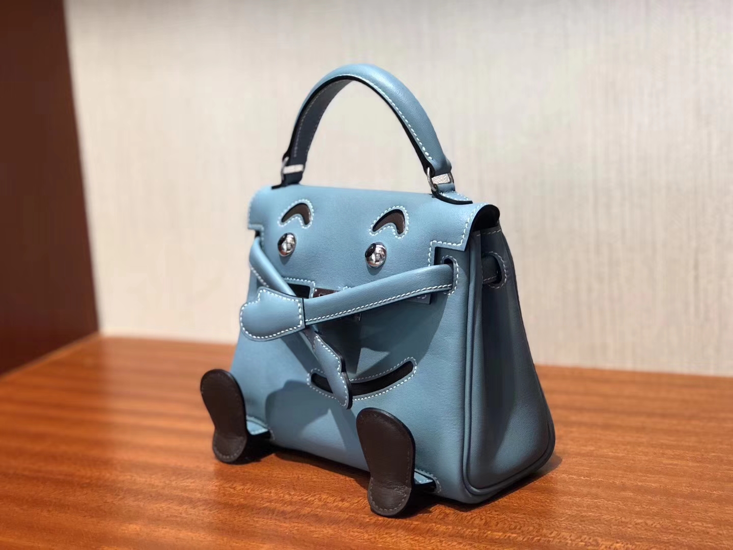Lovely Hermes Calf Leather Kell Doll Tote Bag in Blue Jean Silver Hardware