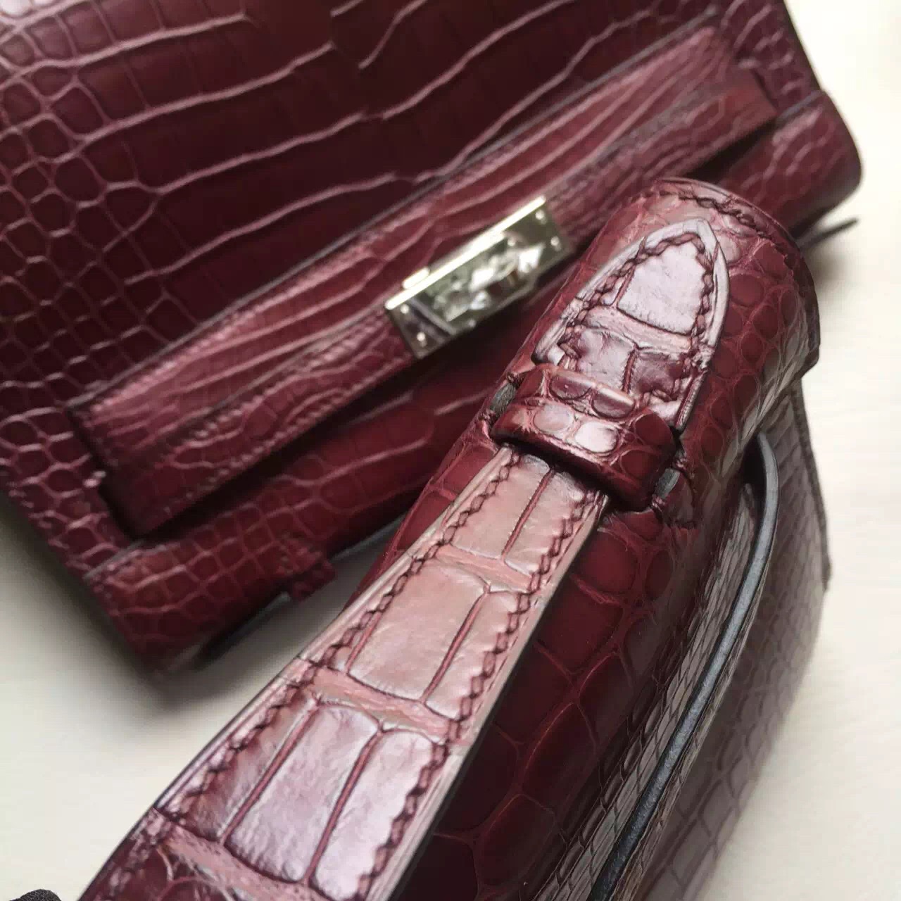 Wholesale Hermes Wine Red Crocodile Matt Leather Mini Kelly Clutch Bag