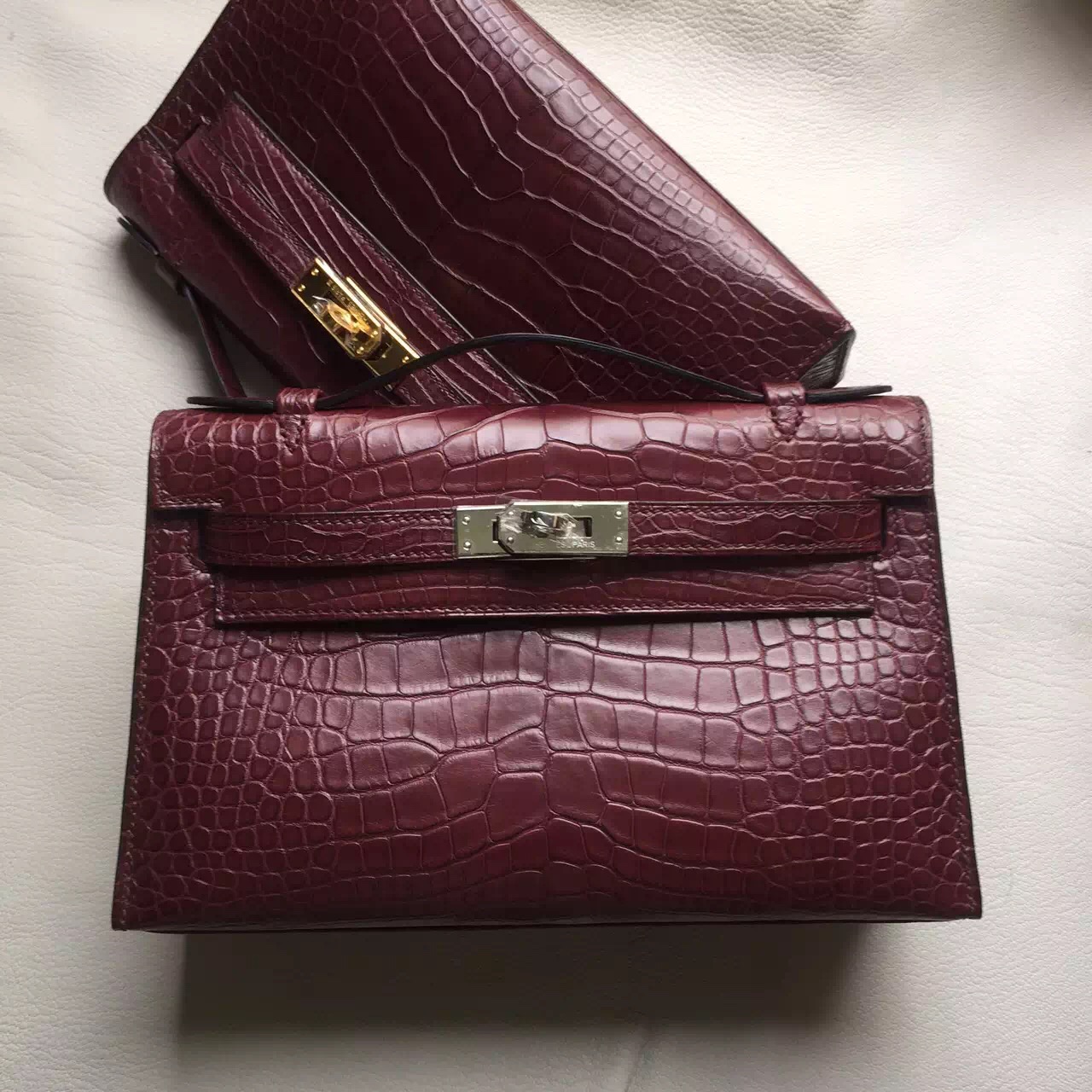Wholesale Hermes Wine Red Crocodile Matt Leather Mini Kelly Clutch Bag