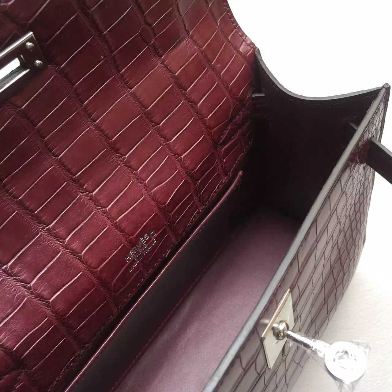 Wholesale Hermes Wine Red Crocodile Matt Leather Mini Kelly Clutch Bag