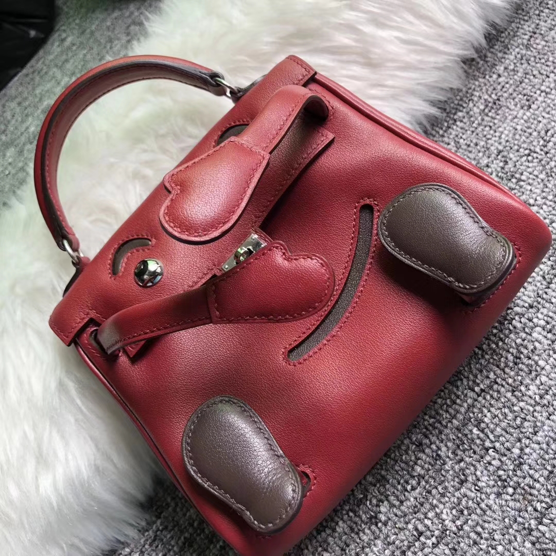 New Fashion Hermes Rouge Grenade/Coffee Swift Calf Kelly Doll Bag Silver Hardware