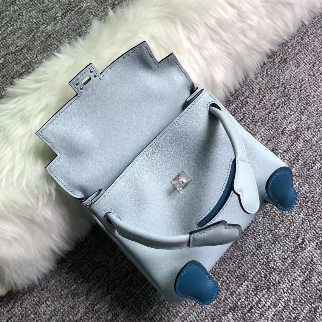 Pretty Hermes Kelly Doll Bag Blue Breeze/Blue Prussia Swift Calf Leather Silver Hardware