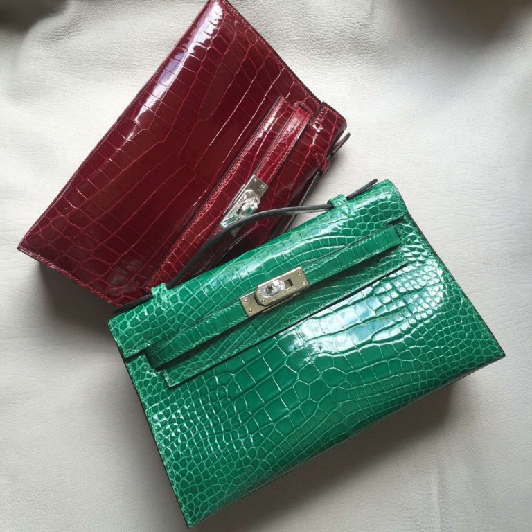 Hand Stitching Hermes 6Q Emerald Green Crocodile Shiny Leather Mini Kelly