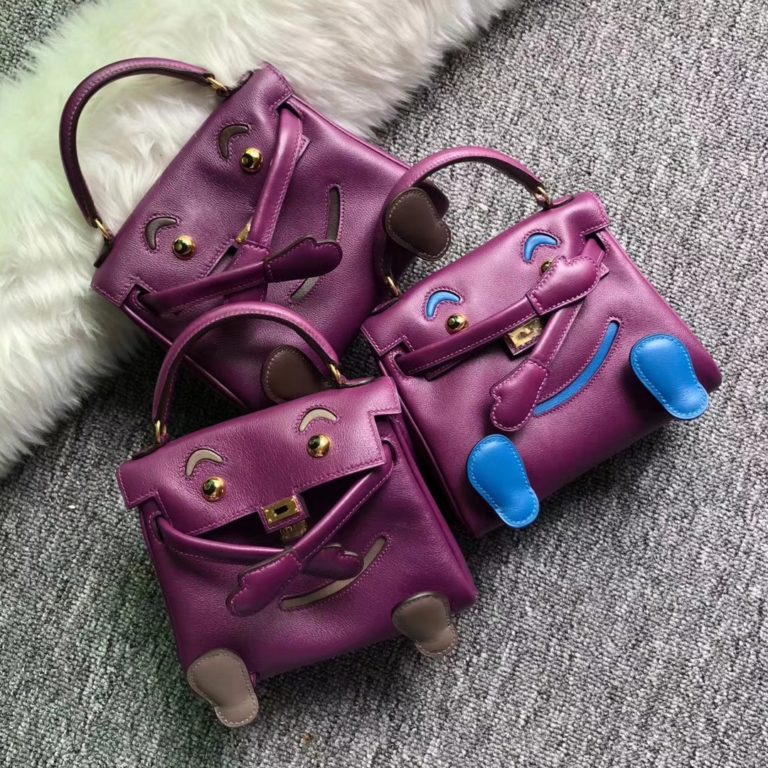 Hermes Swift Calf Leather Kelly Doll Tote Bag in Purple Gold Hardware