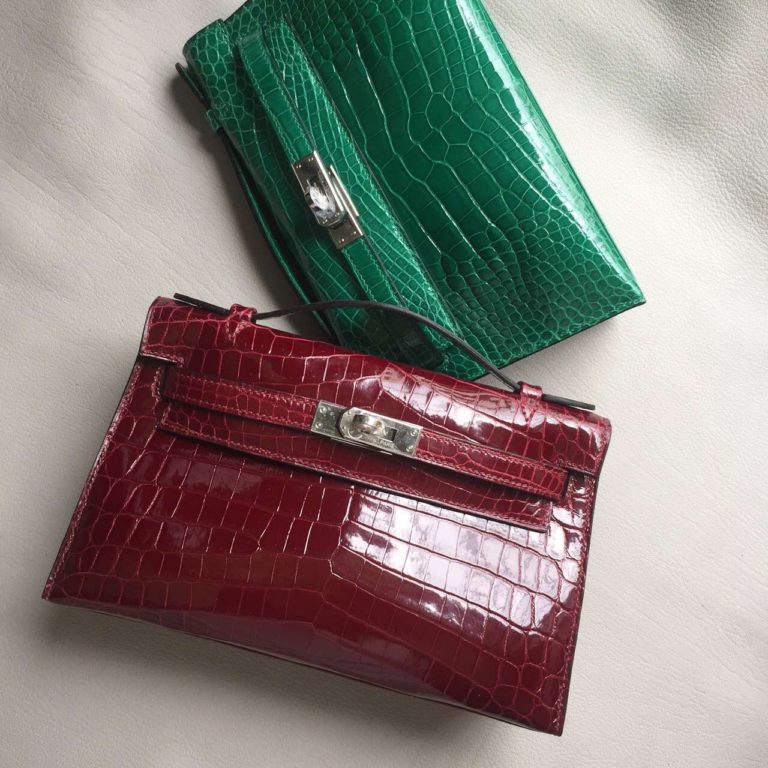 Hermes Clutch F5 Bourgogne Red Crocodile Leather Mini Kelly Bag