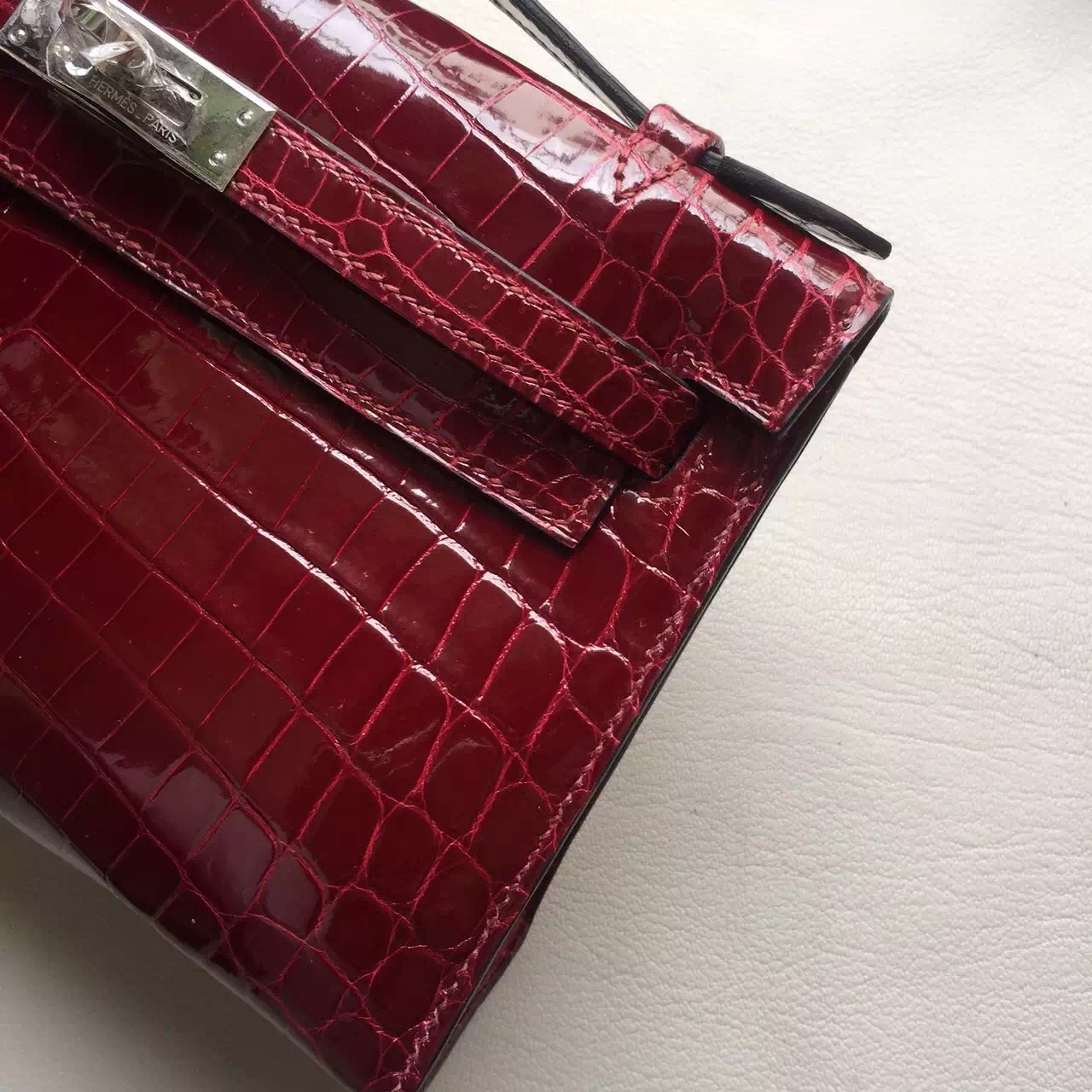 Wholesale Hermes Clutch F5 Bourgogne Red Crocodile Leather Mini Kelly Bag