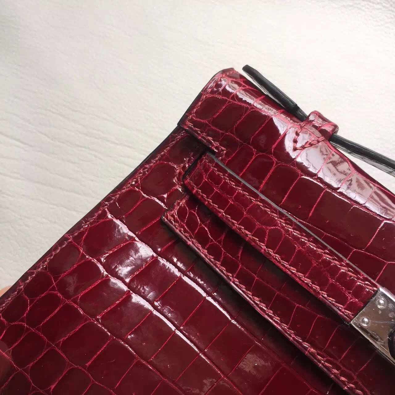 Wholesale Hermes Clutch F5 Bourgogne Red Crocodile Leather Mini Kelly Bag