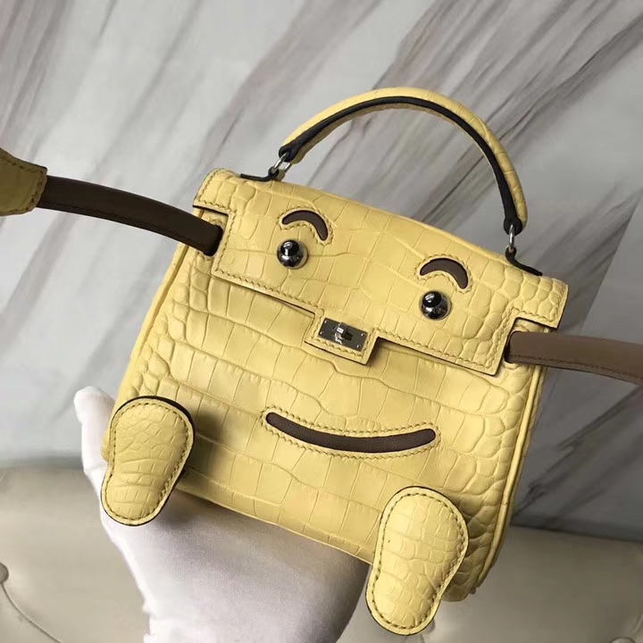 Lovely Hermes Soupre Yellow Matt Crocodile Leather Kelly Doll Tote Bag Silver Hardware