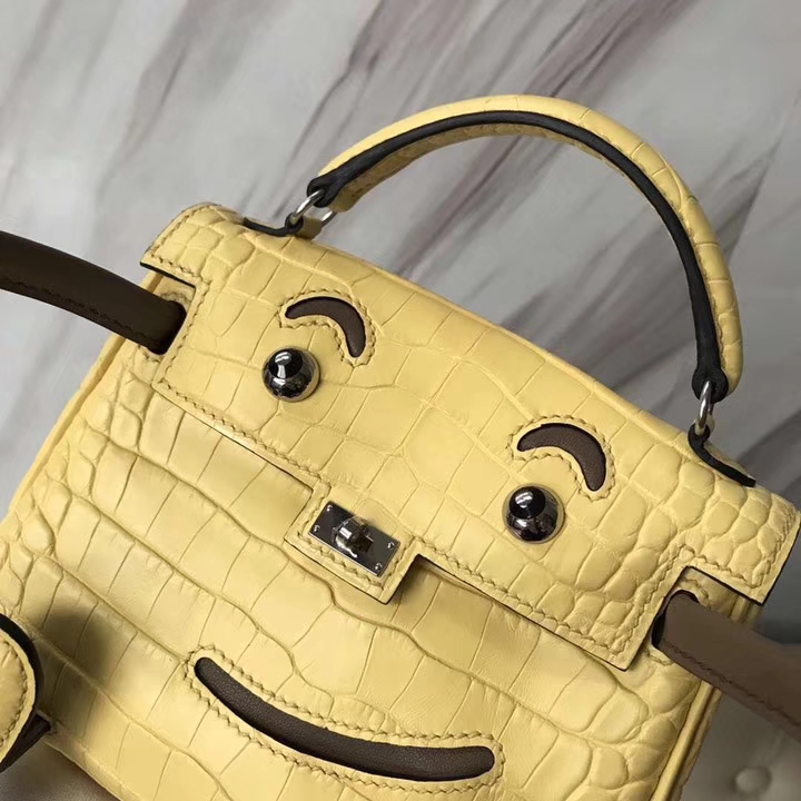 Lovely Hermes Soupre Yellow Matt Crocodile Leather Kelly Doll Tote Bag Silver Hardware