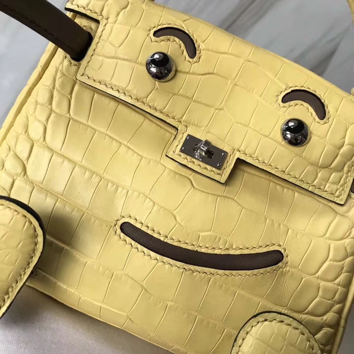 Lovely Hermes Soupre Yellow Matt Crocodile Leather Kelly Doll Tote Bag Silver Hardware