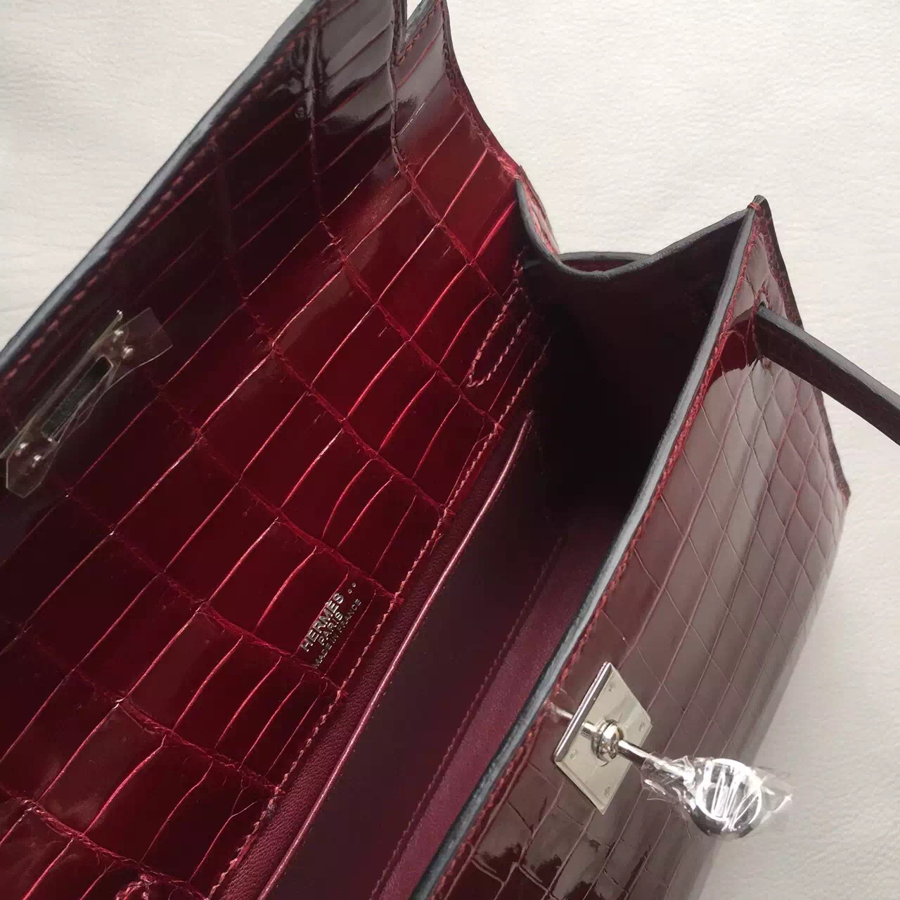 Wholesale Hermes Clutch F5 Bourgogne Red Crocodile Leather Mini Kelly Bag