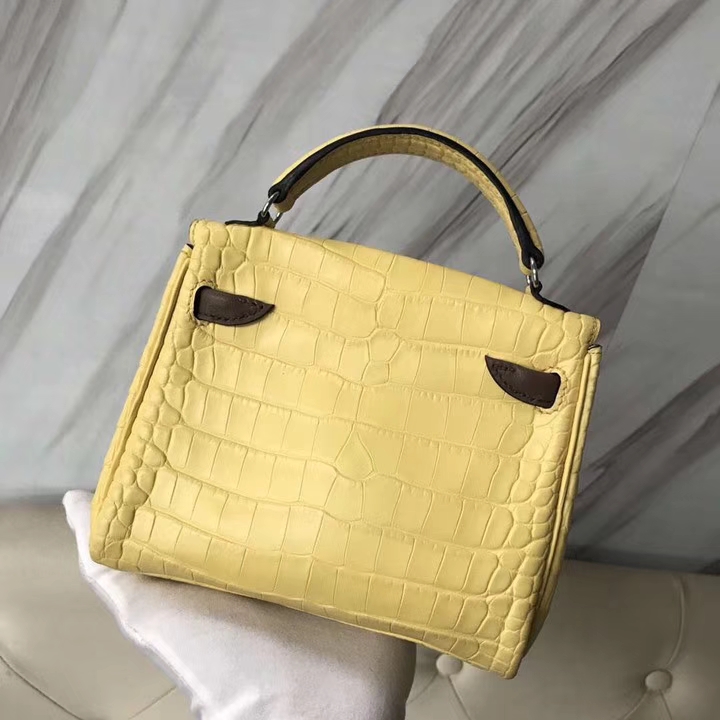 Lovely Hermes Soupre Yellow Matt Crocodile Leather Kelly Doll Tote Bag Silver Hardware