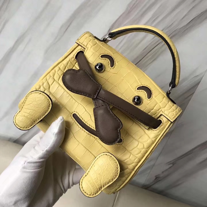 Lovely Hermes Soupre Yellow Matt Crocodile Leather Kelly Doll Tote Bag Silver Hardware