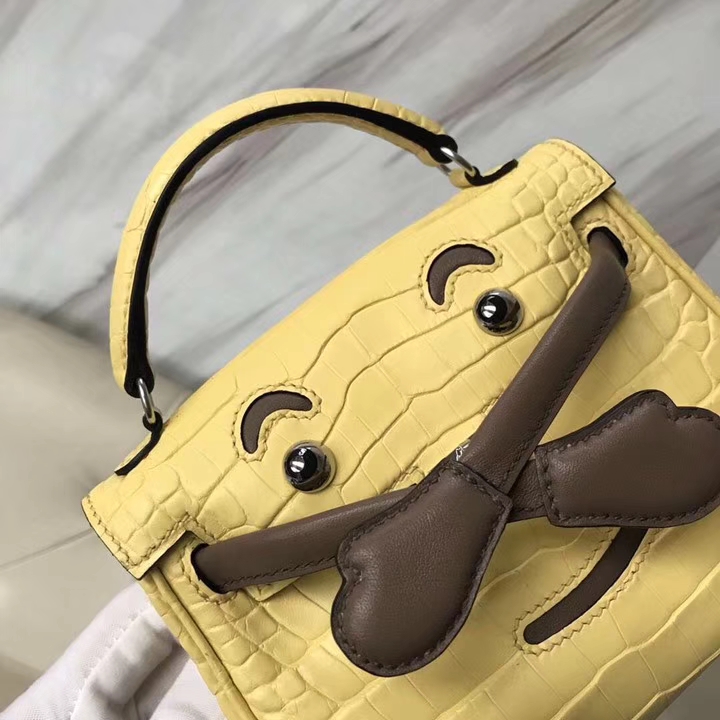 Lovely Hermes Soupre Yellow Matt Crocodile Leather Kelly Doll Tote Bag Silver Hardware
