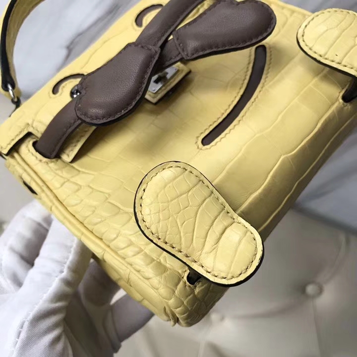 Lovely Hermes Soupre Yellow Matt Crocodile Leather Kelly Doll Tote Bag Silver Hardware