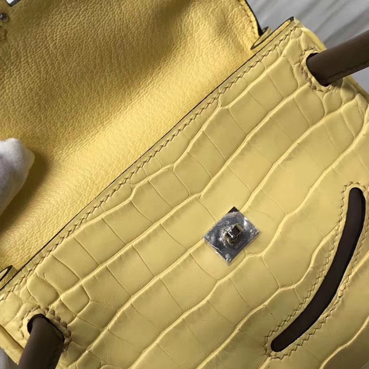 Lovely Hermes Soupre Yellow Matt Crocodile Leather Kelly Doll Tote Bag Silver Hardware