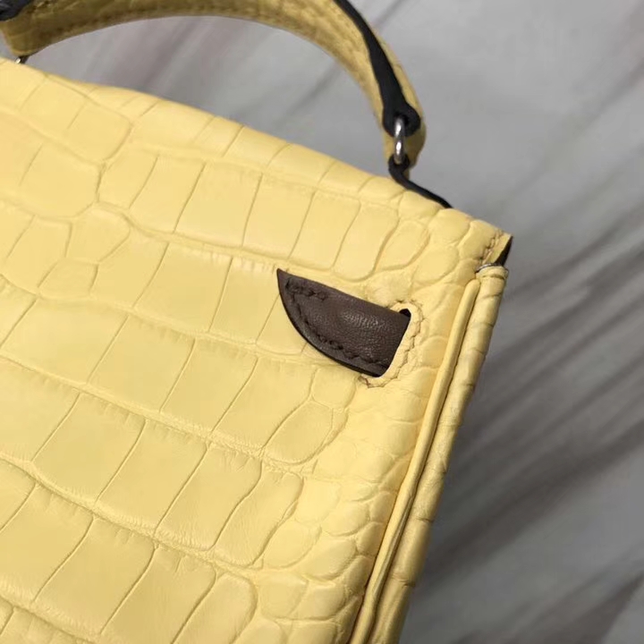 Lovely Hermes Soupre Yellow Matt Crocodile Leather Kelly Doll Tote Bag Silver Hardware