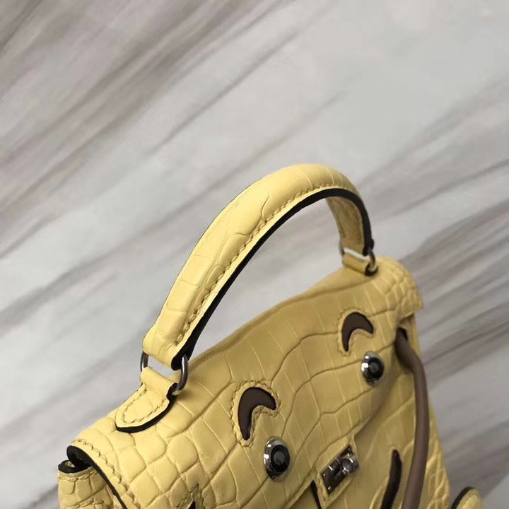 Lovely Hermes Soupre Yellow Matt Crocodile Leather Kelly Doll Tote Bag Silver Hardware
