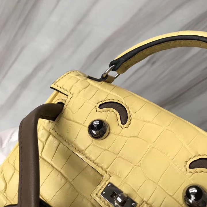 Lovely Hermes Soupre Yellow Matt Crocodile Leather Kelly Doll Tote Bag Silver Hardware
