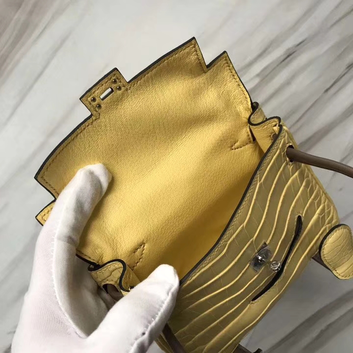 Lovely Hermes Soupre Yellow Matt Crocodile Leather Kelly Doll Tote Bag Silver Hardware