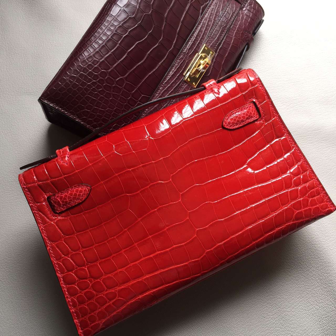 Luxury Hermes Mini Kelly22CM Ferrari Red Crocodile Shiny Leather Clutch Bag