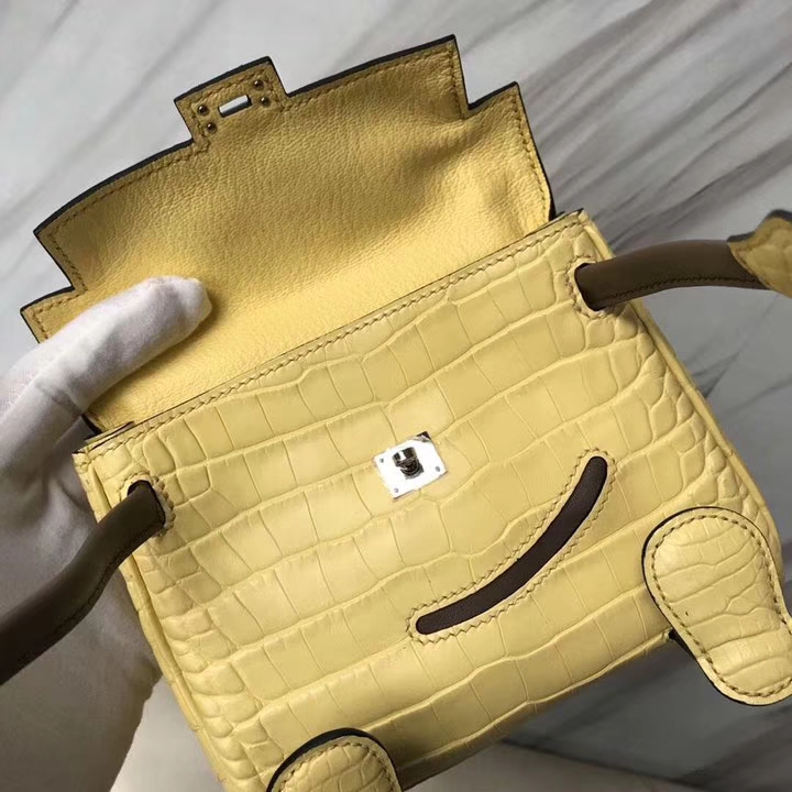 Lovely Hermes Soupre Yellow Matt Crocodile Leather Kelly Doll Tote Bag Silver Hardware