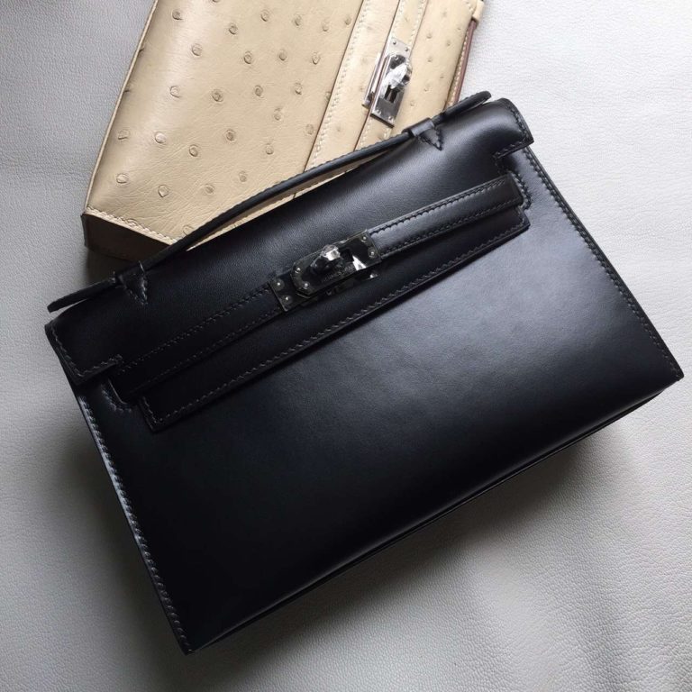 Hermes CK89 Black Box Leather Minikelly Clutch Bag  22cm