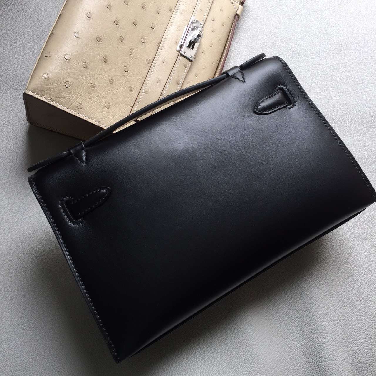 New Fashion Hermes CK89 Black Box Leather Minikelly Clutch Bag 22cm