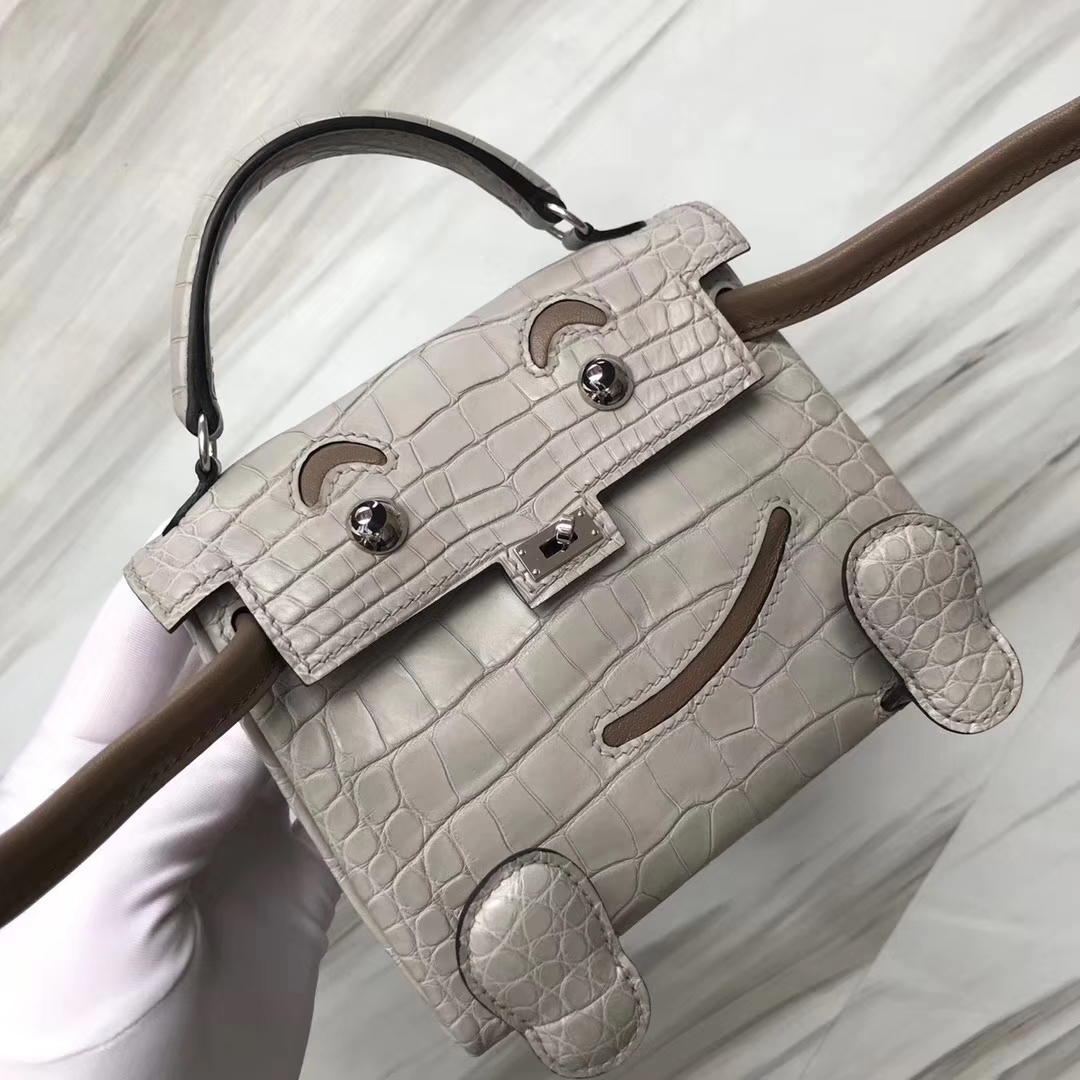 Lovely Hermes CK80 Gris Pearl Matt Crocodile Kelly Doll Bag16CM Silver Hardware