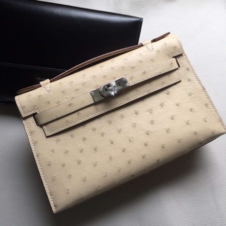Hermes Minikelly 22cm 3C Wool White Ostrich Leather Silver Hardware