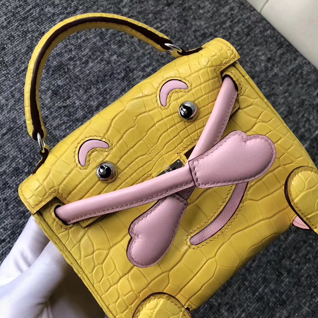 Lovely Hermes 9R Lemon Yellow/3Q Pink Matt Crocodile Kelly Doll Bag16CM Silver Hardware