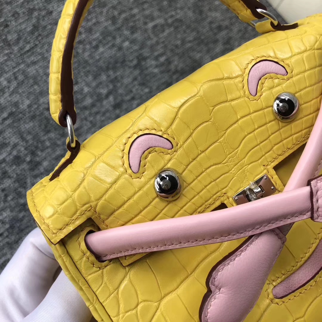 Lovely Hermes 9R Lemon Yellow/3Q Pink Matt Crocodile Kelly Doll Bag16CM Silver Hardware