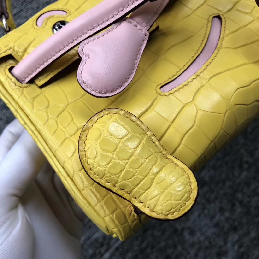 Lovely Hermes 9R Lemon Yellow/3Q Pink Matt Crocodile Kelly Doll Bag16CM Silver Hardware