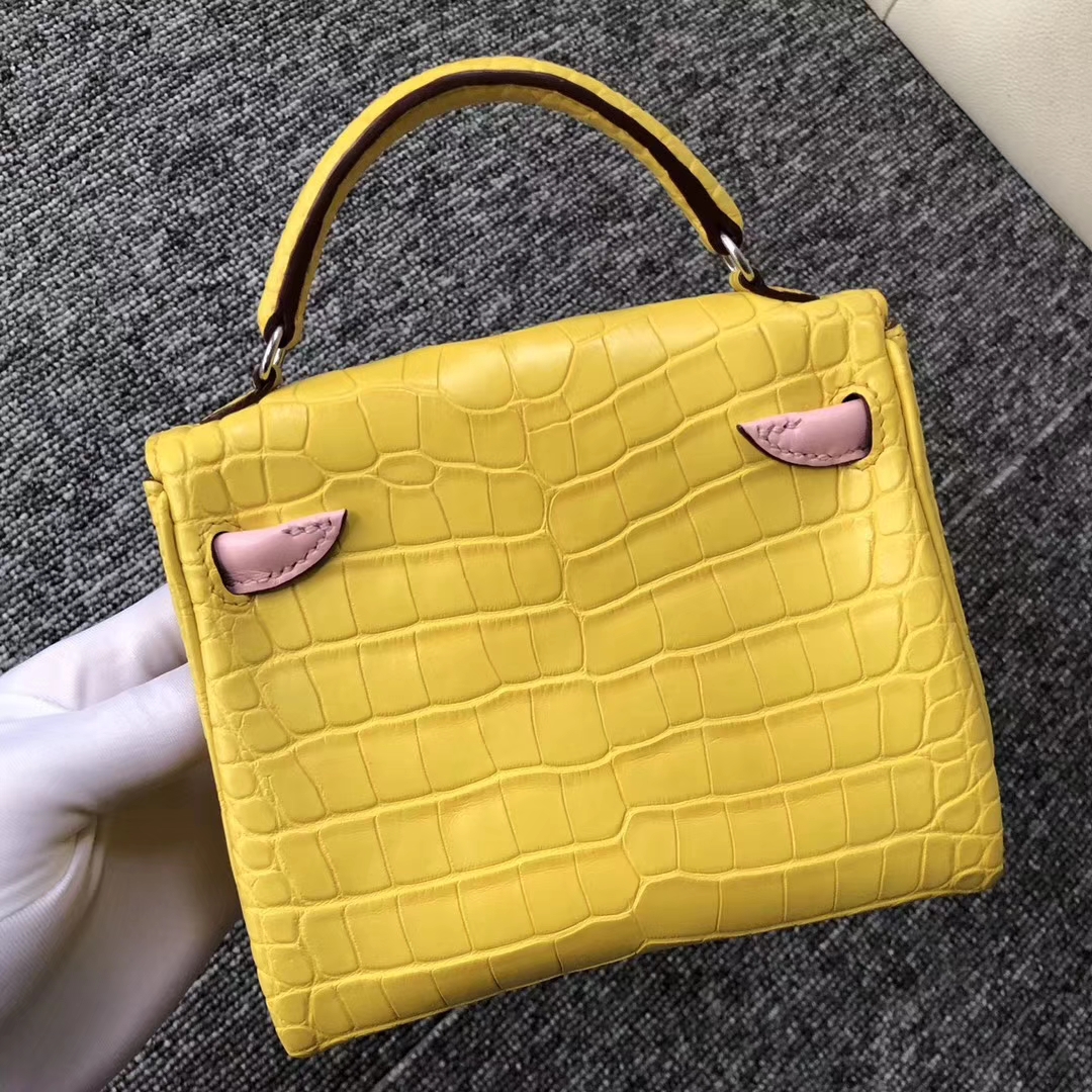 Lovely Hermes 9R Lemon Yellow/3Q Pink Matt Crocodile Kelly Doll Bag16CM Silver Hardware